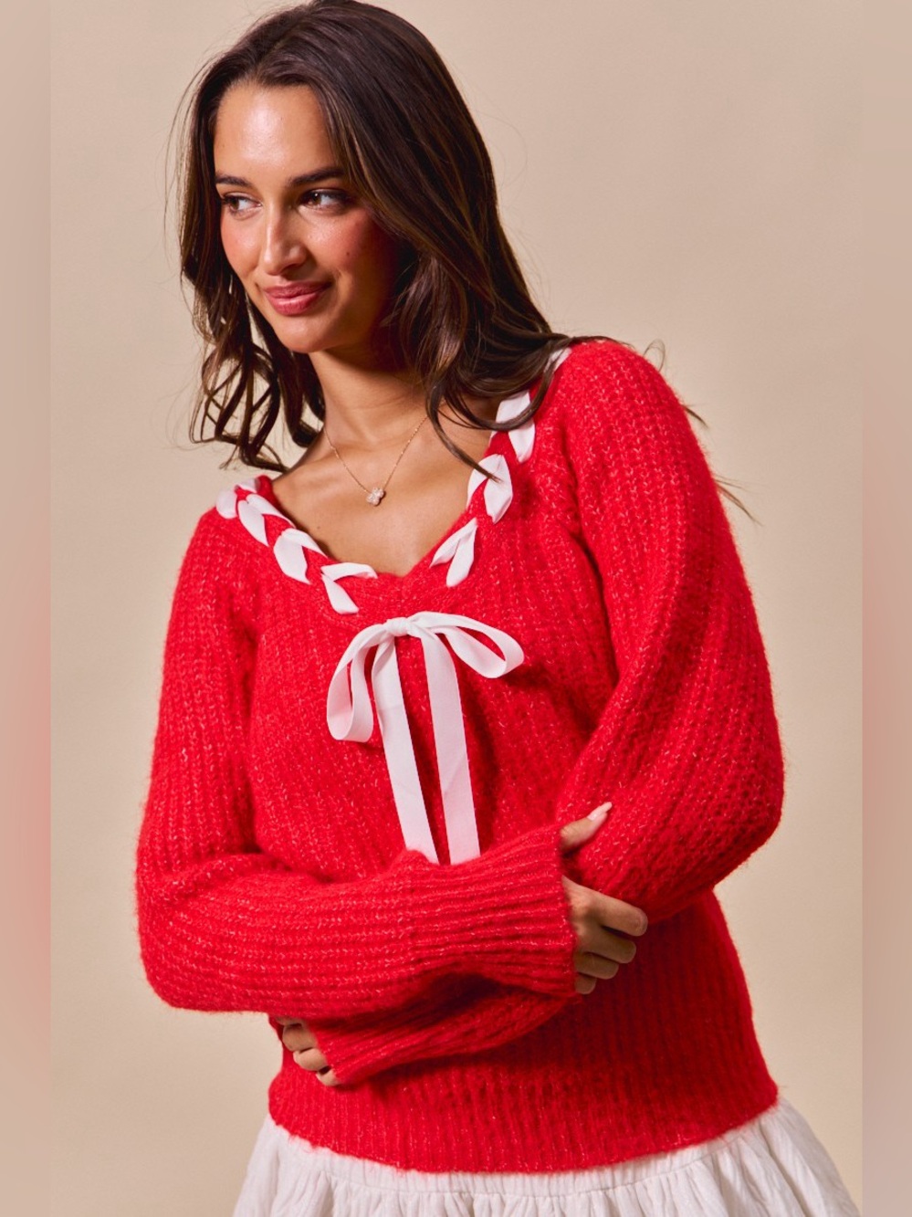 SO ME Satin Tape Braided Ribbon Tie V Neck Sweater